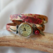 Armbanduhr Armbanduhr aus Kork mit Blumenmuster 3 Türme Charm rote Perle 