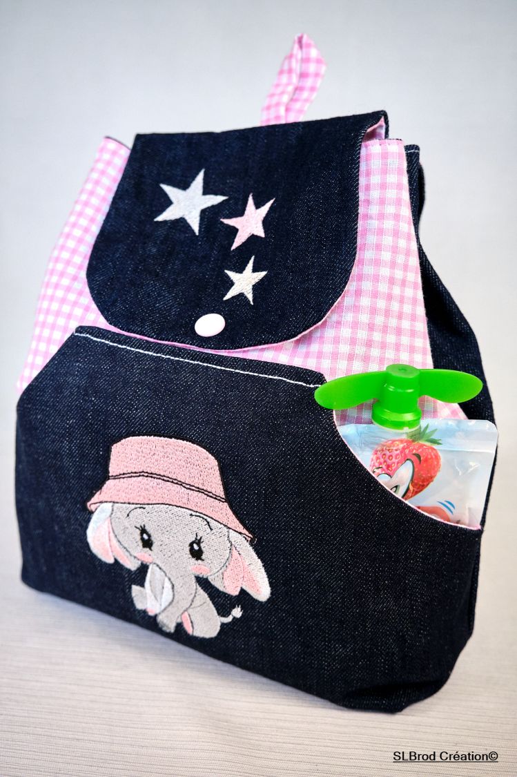 Bestickter Kinderrucksack Elefant mit rosa Hut anpassbar