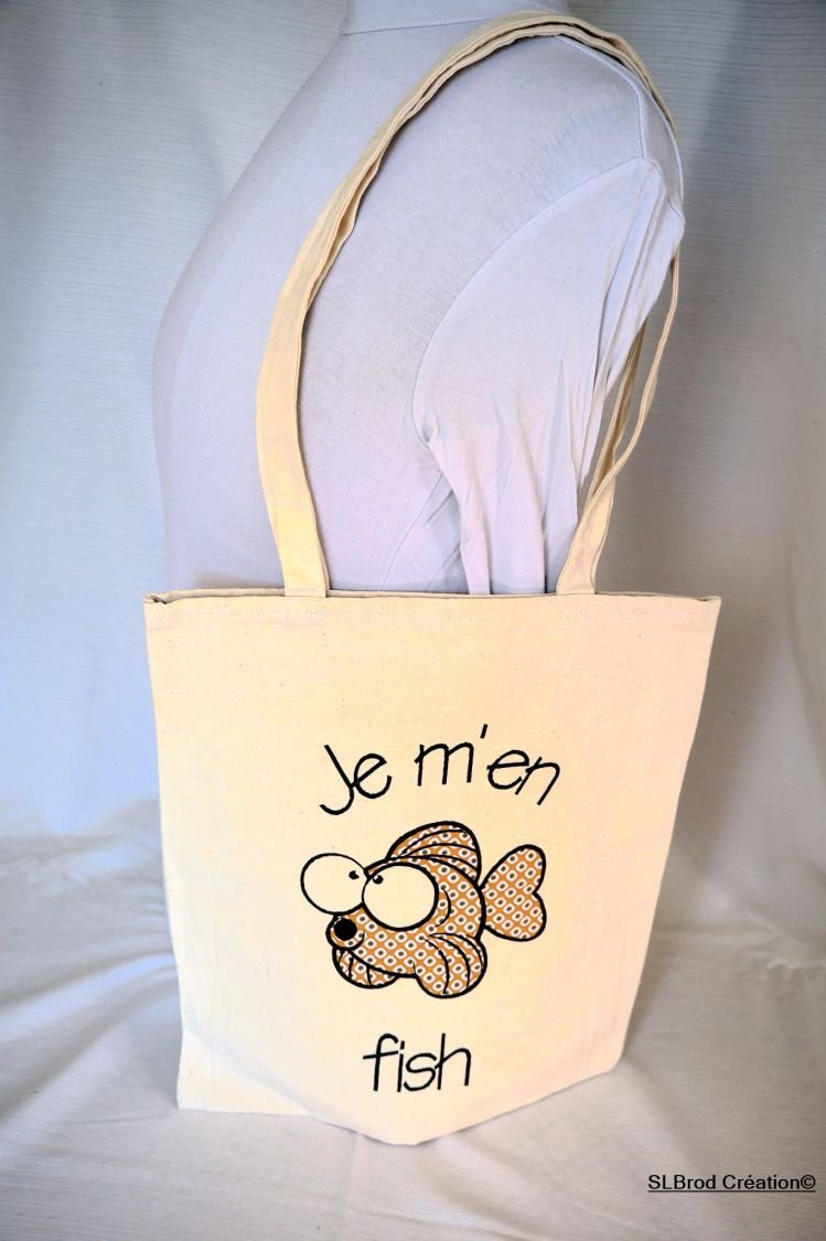 Tote Bag bestickter Fisch mit brauner Applikation