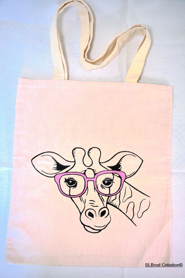 Tote Bag bestickt Giraffe Brille rosa anpassbar