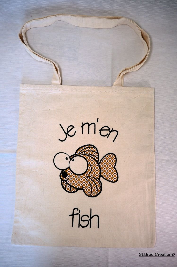 Tote Bag bestickter Fisch mit brauner Applikation